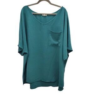 ODDY Woman's Dark Jade Green Short Dolman Sleeve Basic Pocket Tee Plus Size 3XL